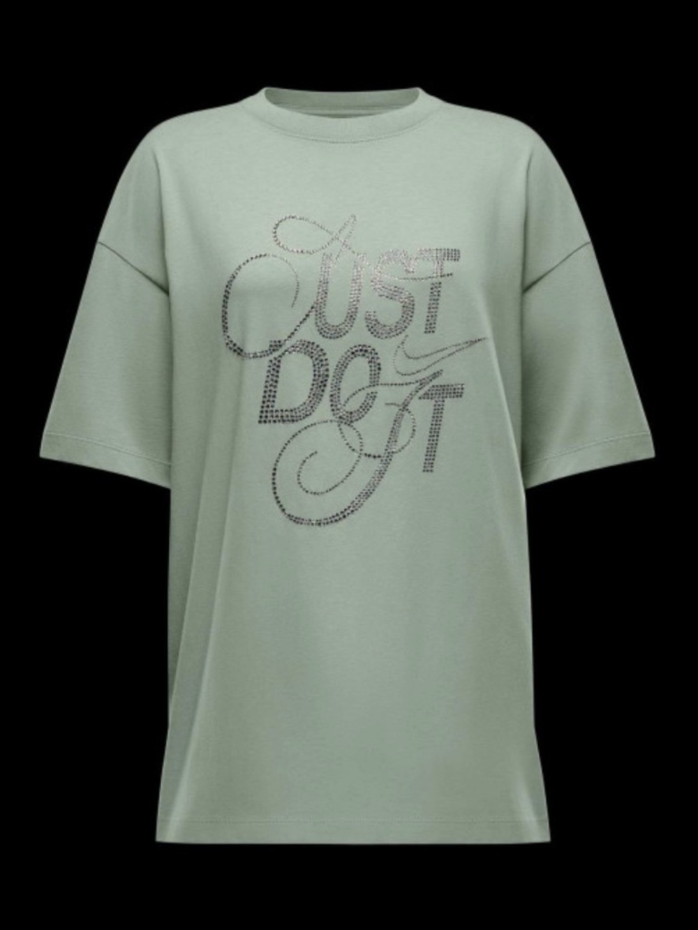 Nike Rhinestone Just Do It Swoosh Bling Women’s T-Shirt Green Oversized Tee NWT